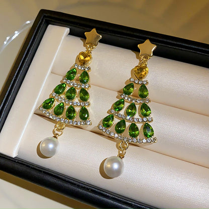 Silver Stud Rhinestone-encrusted XINGX Christmas Tree Pearl Earrings