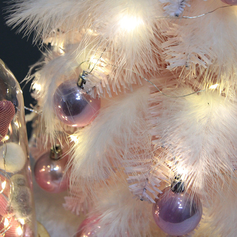 Ornement de noël, petit arbre de bureau, arbre de noël, plumes roses, décoration