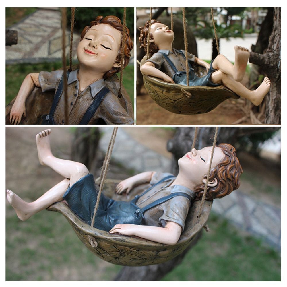 Artisanat Résine Swing Boy Arbre Pendentif Belle Drôle Garçon Sculpture Figurine Suspendue Étanche Jardin Miniatures Noël