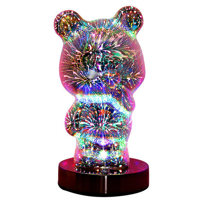 Lampe de chevet USB 3D en verre multicolore avec feu d'artifice et ours en forme de doigt