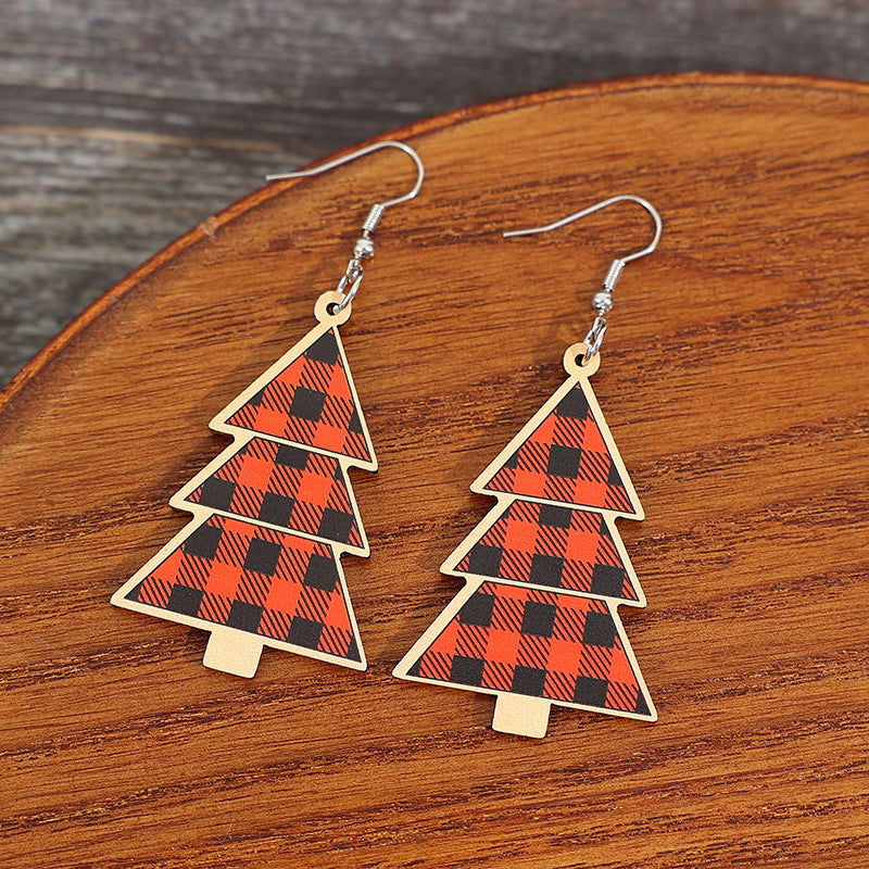 Boucles d'oreilles en bois de sapin de Noël à carreaux rouges