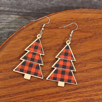 Boucles d'oreilles en bois de sapin de Noël à carreaux rouges