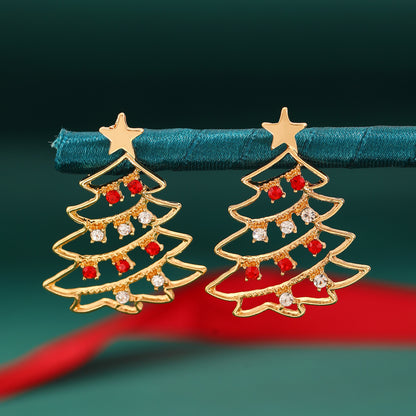 Boucles d'oreilles de Noël avec arbre de Noël Boucles d'oreilles en zircon coloré pour arbre de Noël pour femmes Boucles d'oreilles de personnalité Bijoux de fête Cadeau de Noël