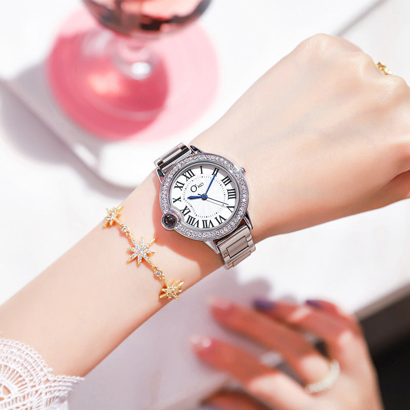 Reloj con personalidad de moda con micrograbado de diamantes con banda de acero para mujer