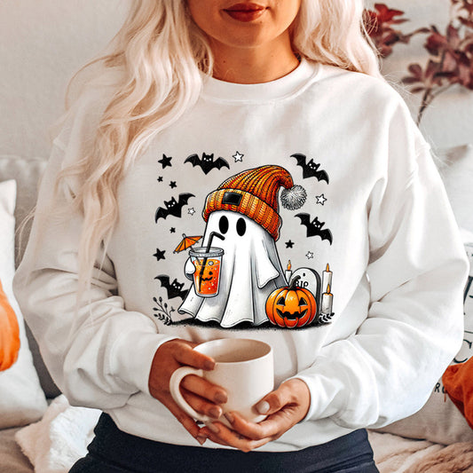 Sudadera de mujer con estampado de murciélago, calabaza y fantasma de Halloween