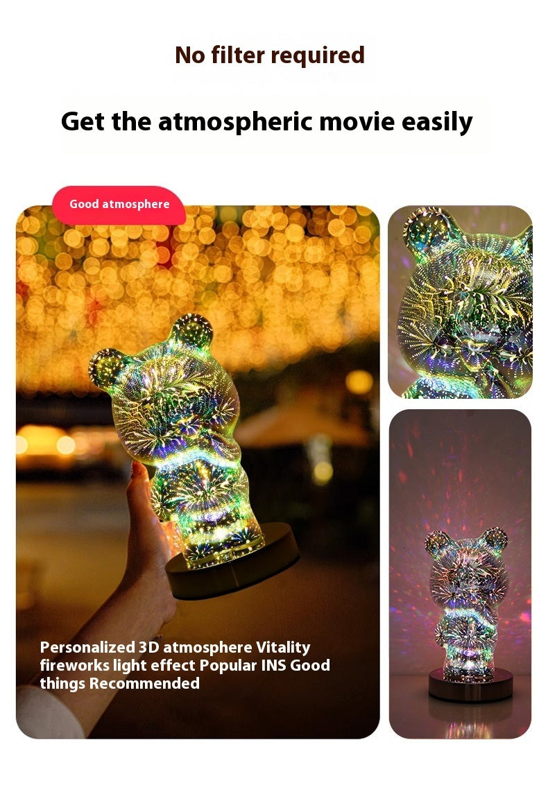 Lampe de chevet USB 3D en verre multicolore avec feu d'artifice et ours en forme de doigt