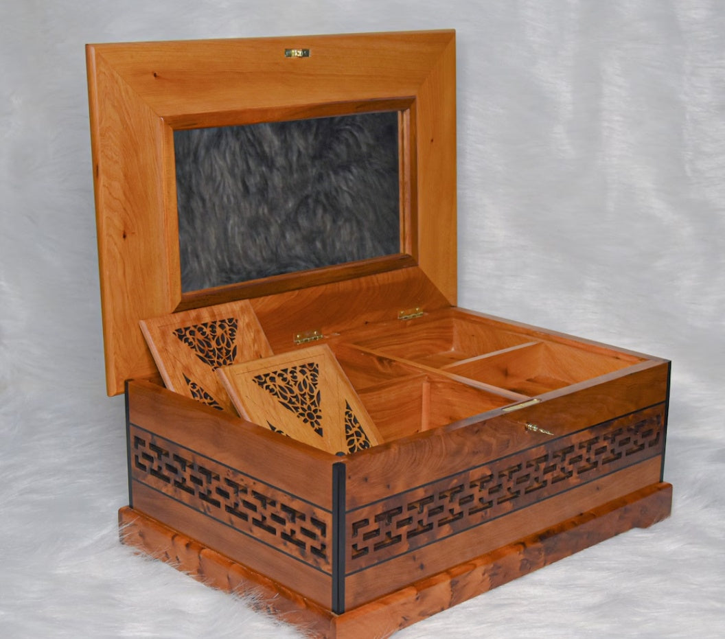 Coffret à bijoux en loupe de haute qualité 15 x 10 pouces, miroir à l'intérieur du couvercle, boîte en thuya avec clé de verrouillage, boîte décorative, boîte à souvenirs, idée cadeau, cadeau de Noël