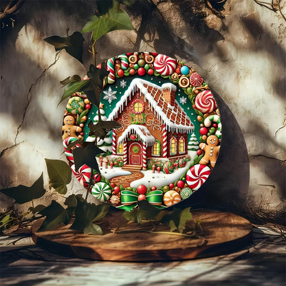 Christmas Candy Gingerbread Man Christmas Tree House Round Wooden Sign Door Plate