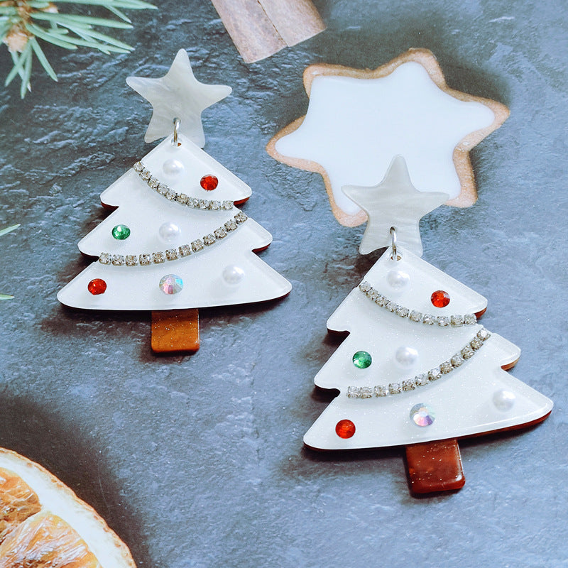 Sweet Christmas Tree Earrings With Rhinestones New Fashion Christmas Acrylic Earrings Women's Jewelry