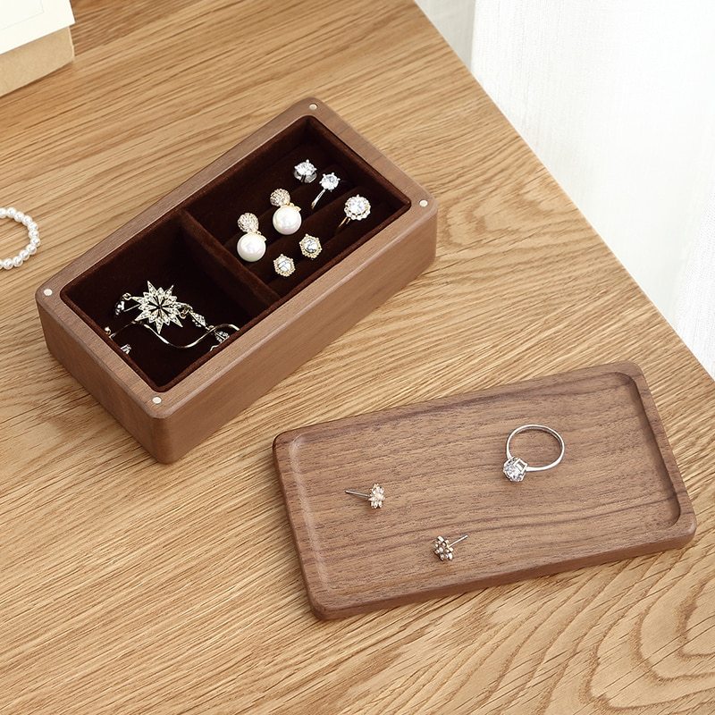 Caja de joyería pequeña de madera magnética de lujo, organizador de almacenamiento, collar de terciopelo de madera de viaje, estuche de joyería para anillo y pendientes 