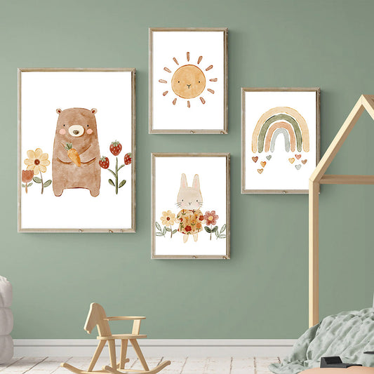 Estilo bohemio oso de dibujos animados conejo Alpaca arcoíris sol cuadro sobre lienzo para pared