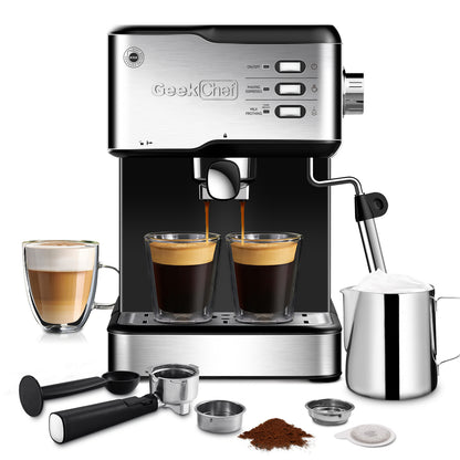 Geek Chef Máquina de café expreso, máquina de café espresso y capuchino, máquina de café con leche de 20 bares, compatible con filtro de cápsulas ESE POD y varilla de vapor de espumador de leche, 950 W, tanque de agua de 1,5 l, prohibición en Amazon 