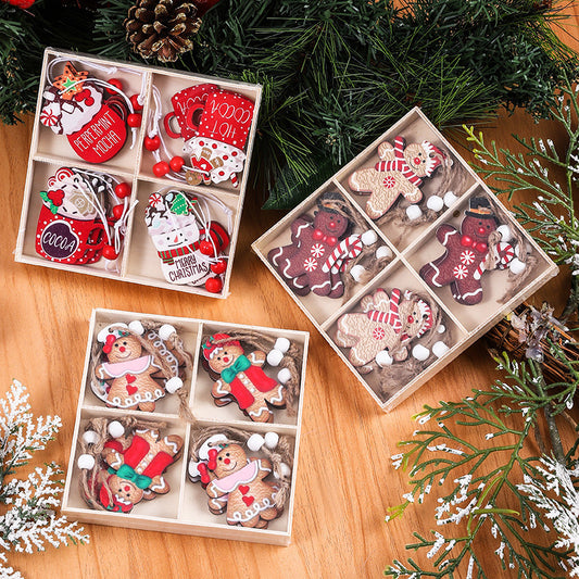 Caja colgante con adornos navideños de madera con forma de hombre de jengibre