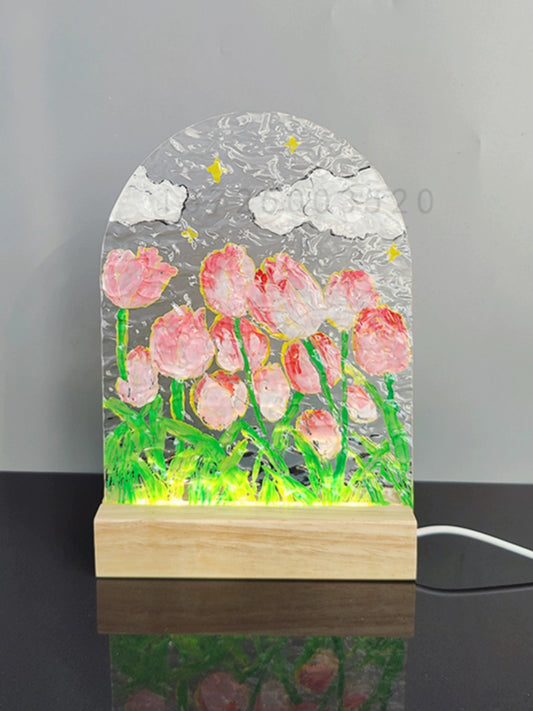 Xiaohongshu Pintura de vidrio de madera maciza DIY Ondulación de agua Acrílico Imagen decorativa Material Tulip Pequeña lámpara de noche Luz ambiental