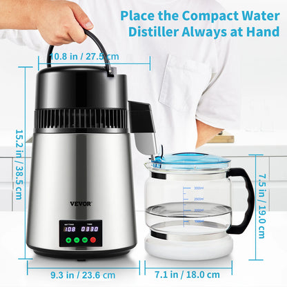 VEVOR 4L Water Distiller Purifier Filter 1 L/H Distilling Speed Dispenser Drinking Bottle Softener Touch Screen Home Appliance