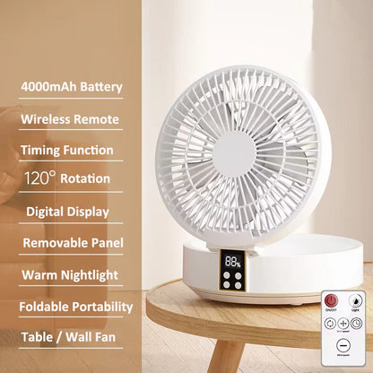 Xiaomi-ventilador de mesa plegable para aire acondicionado, 3 engranajes, inalámbrico, montado en la pared, luz LED, recargable por USB, remoto, 4000mAh