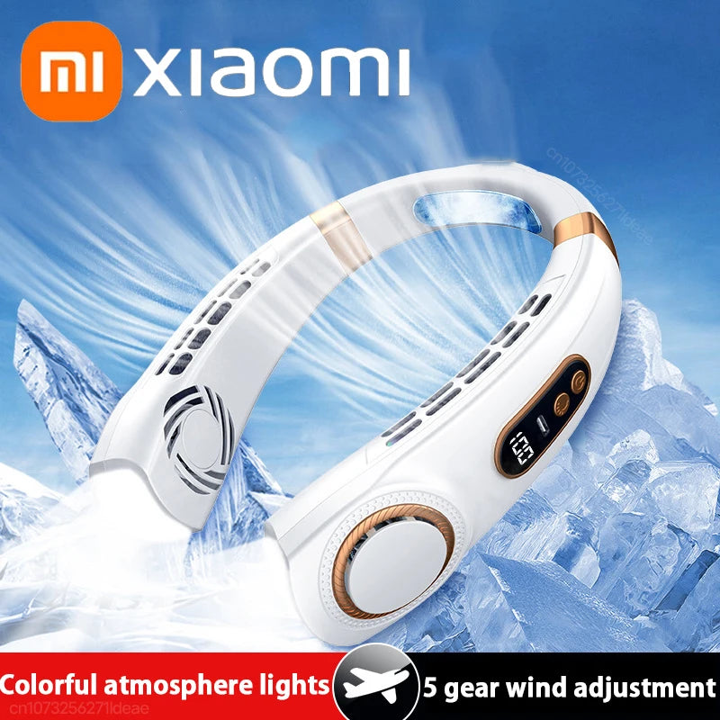 Xiaomi-ventilador de cuello portátil, USB, silencioso, pantalla Digital LED, miniventilador eléctrico sin hojas, luces de ambiente coloridas, 5. ª marcha