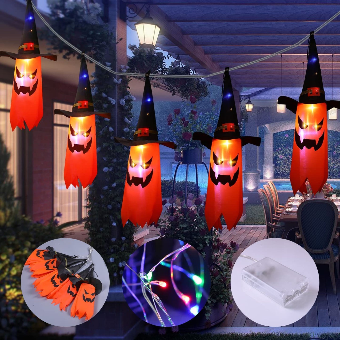 Guirlande lumineuse à 5 cordes pour décoration d'Halloween, chapeaux de sorcier, horreur