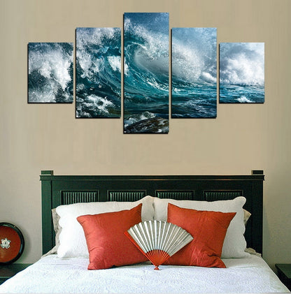 Toile murale avec vagues d'océan, 5 pièces, peinture artistique de paysage marin et de coucher de soleil