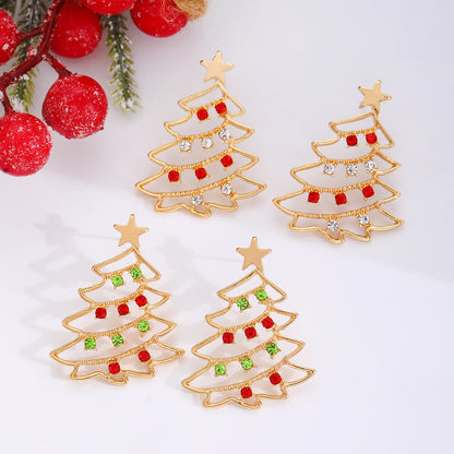 Boucles d'oreilles de Noël avec arbre de Noël Boucles d'oreilles en zircon coloré pour arbre de Noël pour femmes Boucles d'oreilles de personnalité Bijoux de fête Cadeau de Noël