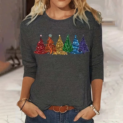 Camiseta de manga larga para mujer con estampado de árbol de Navidad, cuello redondo, holgada e informal