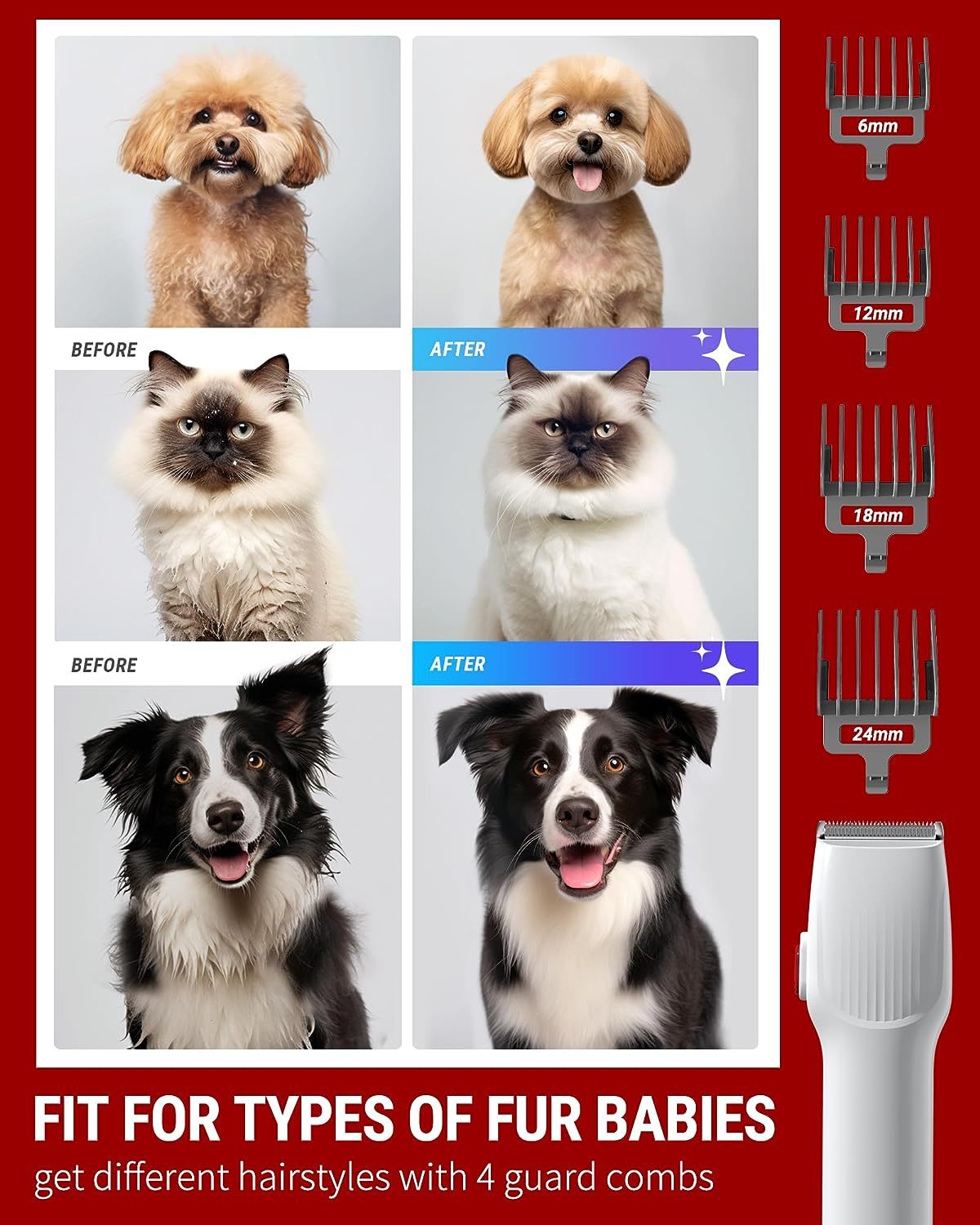 VacLife Aspiradora de pelo para mascotas con cortapelos para perros - Kit multiusos de aseo para perros con cepillos y otras herramientas de aseo para perros y gatos - Silencioso - Blanco y rojo