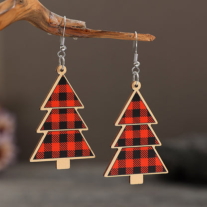 Boucles d'oreilles en bois de sapin de Noël à carreaux rouges