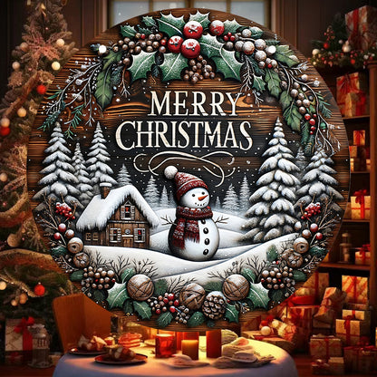 Wooden Merry Christmas Snowman Round Sign Wall Outdoor Courtyard Porch Decoration