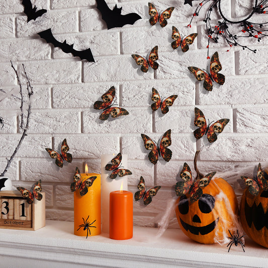 Autocollants 3D en forme de crâne et de papillon pour décoration murale d'Halloween