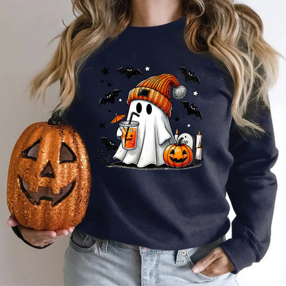 Sudadera de mujer con estampado de murciélago, calabaza y fantasma de Halloween