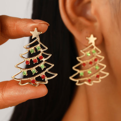 Boucles d'oreilles de Noël avec arbre de Noël Boucles d'oreilles en zircon coloré pour arbre de Noël pour femmes Boucles d'oreilles de personnalité Bijoux de fête Cadeau de Noël