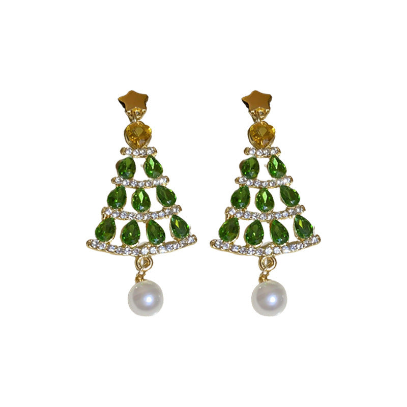 Silver Stud Rhinestone-encrusted XINGX Christmas Tree Pearl Earrings