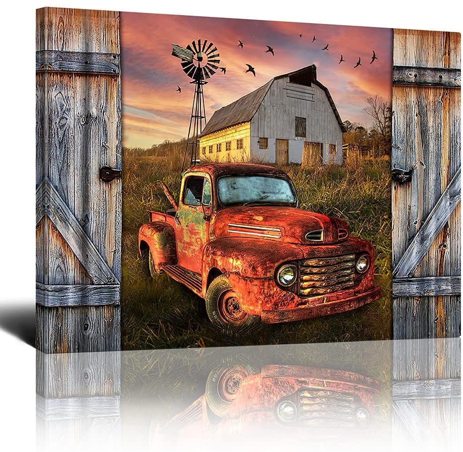 Country Old Barn Wall Art Beautiful Truck And Barn Sunset Through Wooden Window Frame Modern House Wall Art Canvas Painting