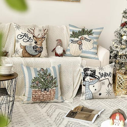 Christmas Snowman Reindeer Gloves Eucalyptus Throw Pillow Covers, 18 X 18 Inch Winter Holiday Stripes Cushion Case Decoration For Sofa Couch Set Of 4