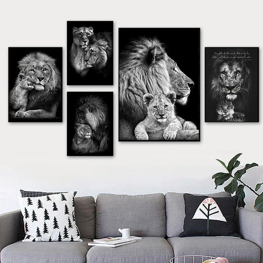 Póster Familia de leones en blanco y negro Lienzo