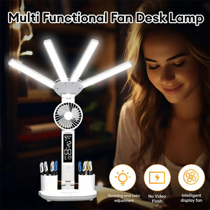 Lampe de table multifonction 3 en 1 LED pliable à quatre têtes avec ventilateur, calendrier, horloge, lampe de bureau rechargeable par USB, lampe de lecture 3 couleurs