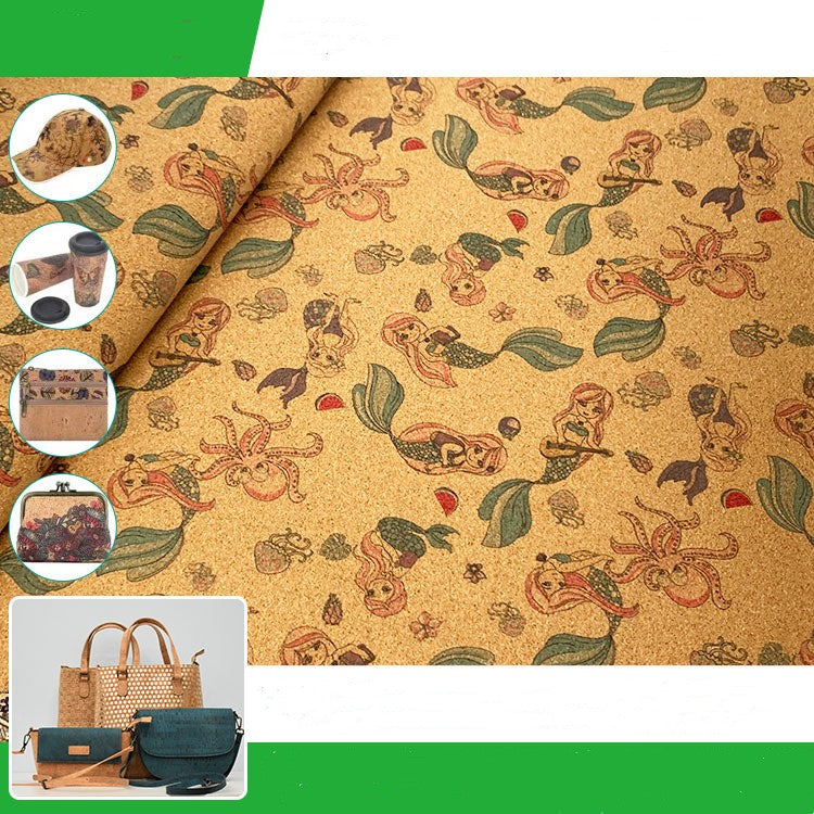 Cartoon Cute Mermaid Pattern Cork Cloth Floral Background Fabric