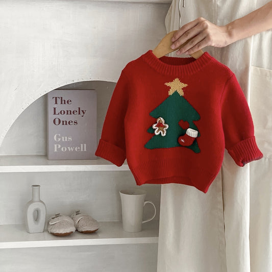 Autumn And Winter Sweater 0-3 Years Baby Girl Christmas Tree Jacquard Pullover Sweater Coat