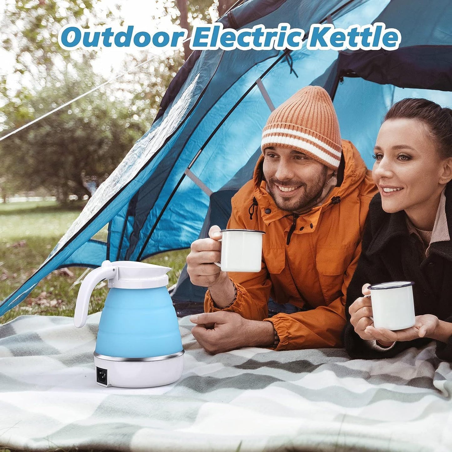 Bouilloire électrique pliable, bouilloire de camping, mini bouilloire de voyage, chaudière à eau électrique en silicone, bouilloire à thé, à café, bouilloire pliable avec cordon d'alimentation séparable pour randonnée en plein air, camping, bleu