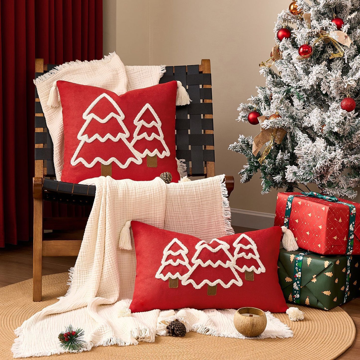 Home Christmas Tree Canvas Embroidery Pillow Case