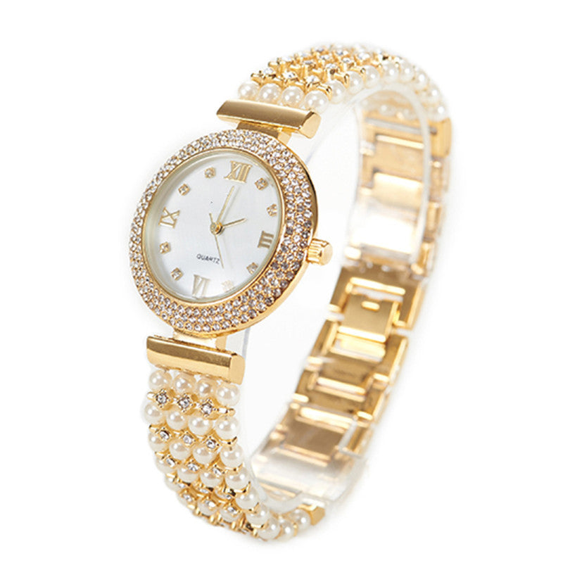 Women's Fashion Pearl Quartz Watch With Diamonds