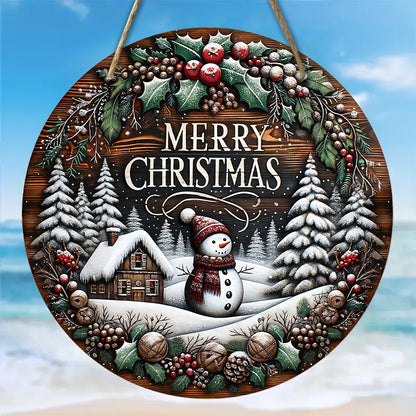 Wooden Merry Christmas Snowman Round Sign Wall Outdoor Courtyard Porch Decoration