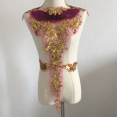 Accesorios decorativos para ropa de baile, palo de tela bordado de gasa con flores de lentejuelas doradas