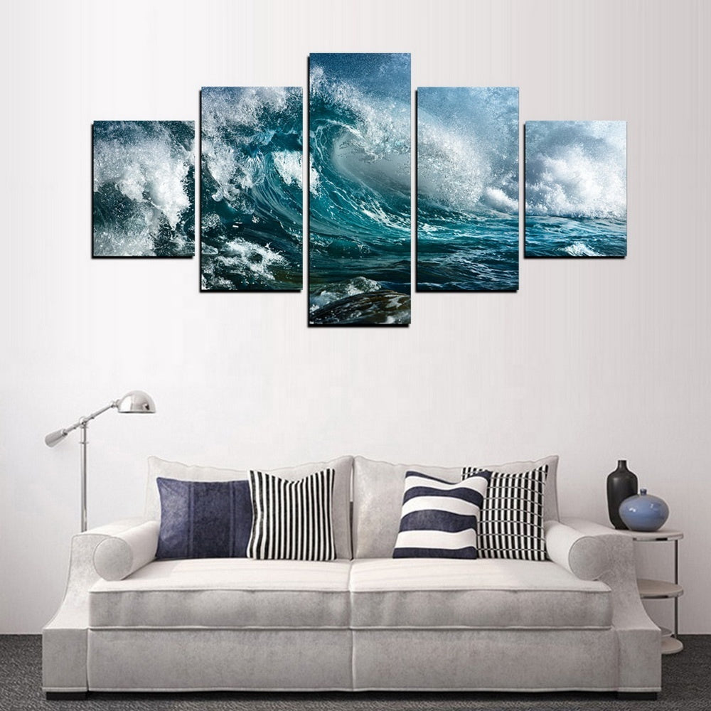 Toile murale avec vagues d'océan, 5 pièces, peinture artistique de paysage marin et de coucher de soleil