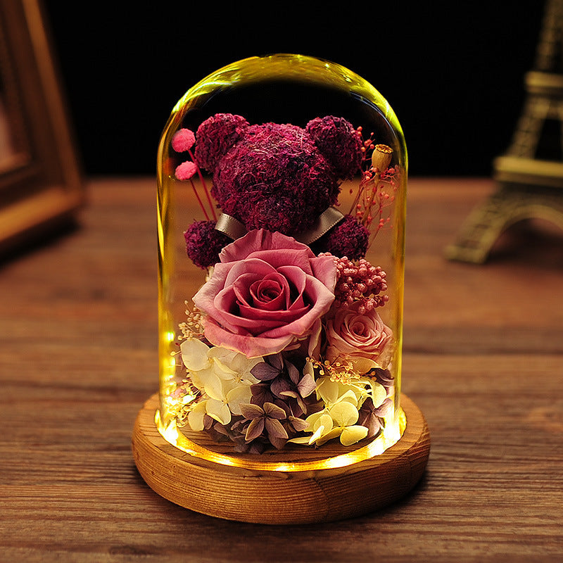 Christmas Gift Cross-border Immortal Moss Bear  Dried Flower Rose Glass Cover