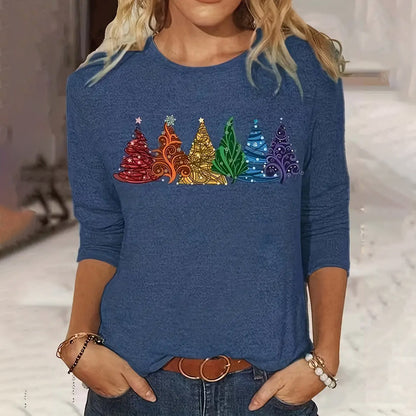 Camiseta de manga larga para mujer con estampado de árbol de Navidad, cuello redondo, holgada e informal