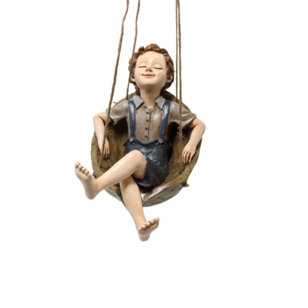 Artisanat Résine Swing Boy Arbre Pendentif Belle Drôle Garçon Sculpture Figurine Suspendue Étanche Jardin Miniatures Noël