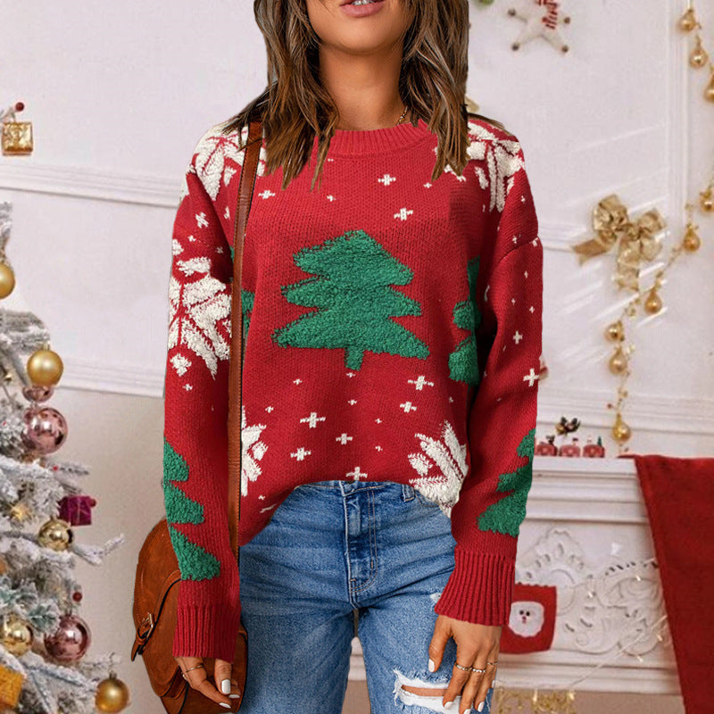 Pull-over décontracté à col rond pour femme avec motif de sapin de Noël brodé et dessin animé