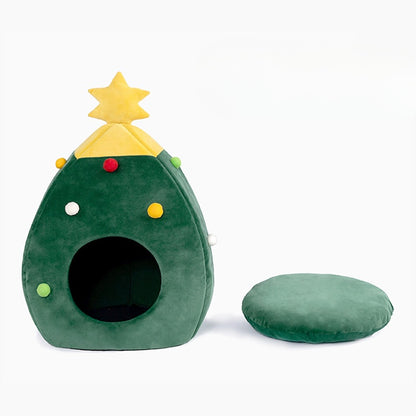 Nid de chat et de chien de Noël chaud et confortable en peluche pour animaux de compagnie, lit de grotte en forme d'arbre, nid de chat détachable et lavable, fournitures pour animaux de compagnie