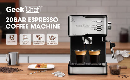 Geek Chef Máquina de café expreso, máquina de café espresso y capuchino, máquina de café con leche de 20 bares, compatible con filtro de cápsulas ESE POD y varilla de vapor de espumador de leche, 950 W, tanque de agua de 1,5 l, prohibición en Amazon 